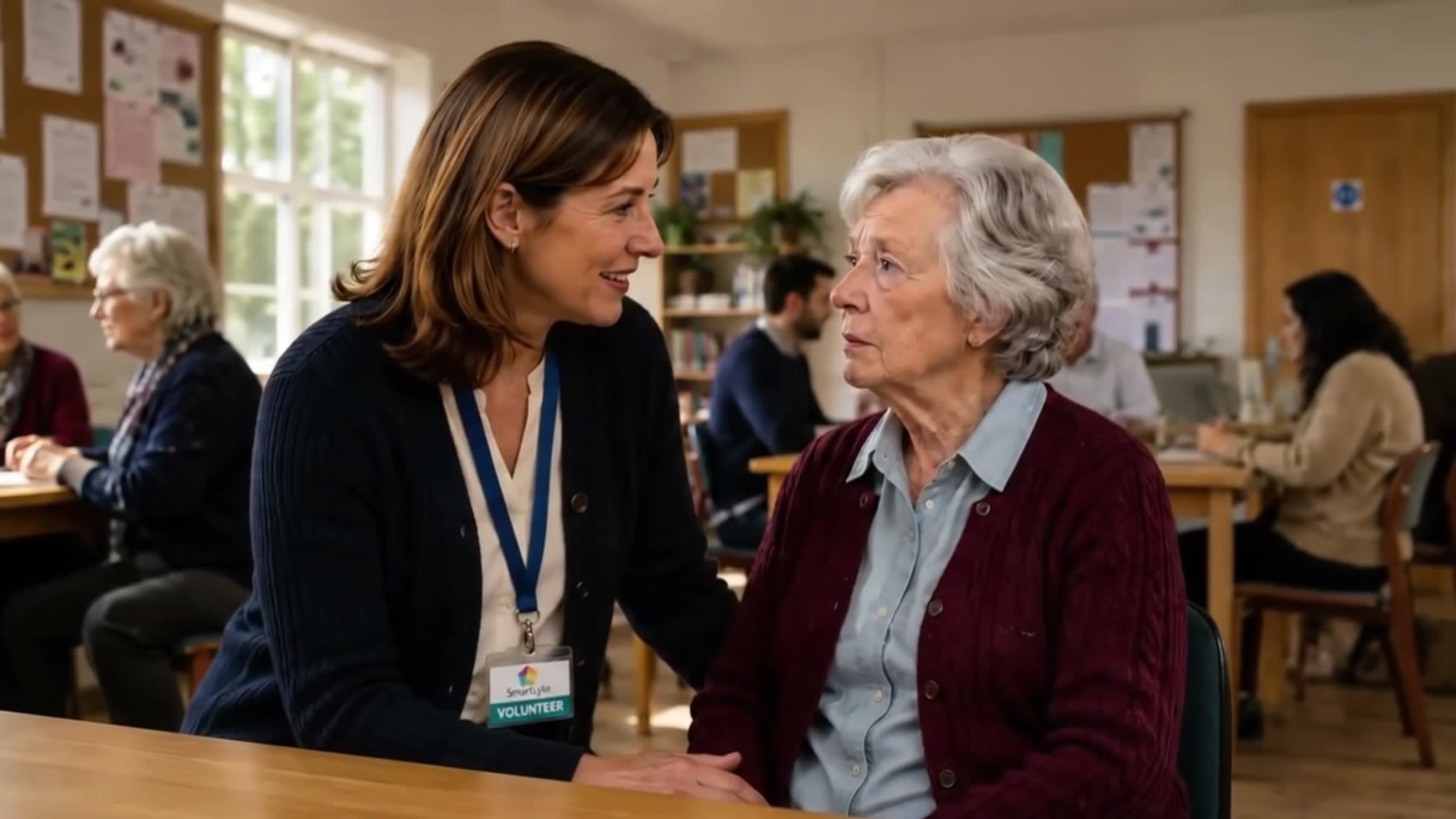 A volunteer sitting with an older resident, helping her stay connected