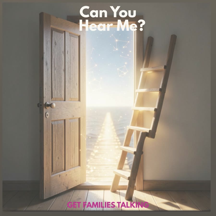 Artwork for Can You Hear Me? showing an open door and a ladder leading toward the light